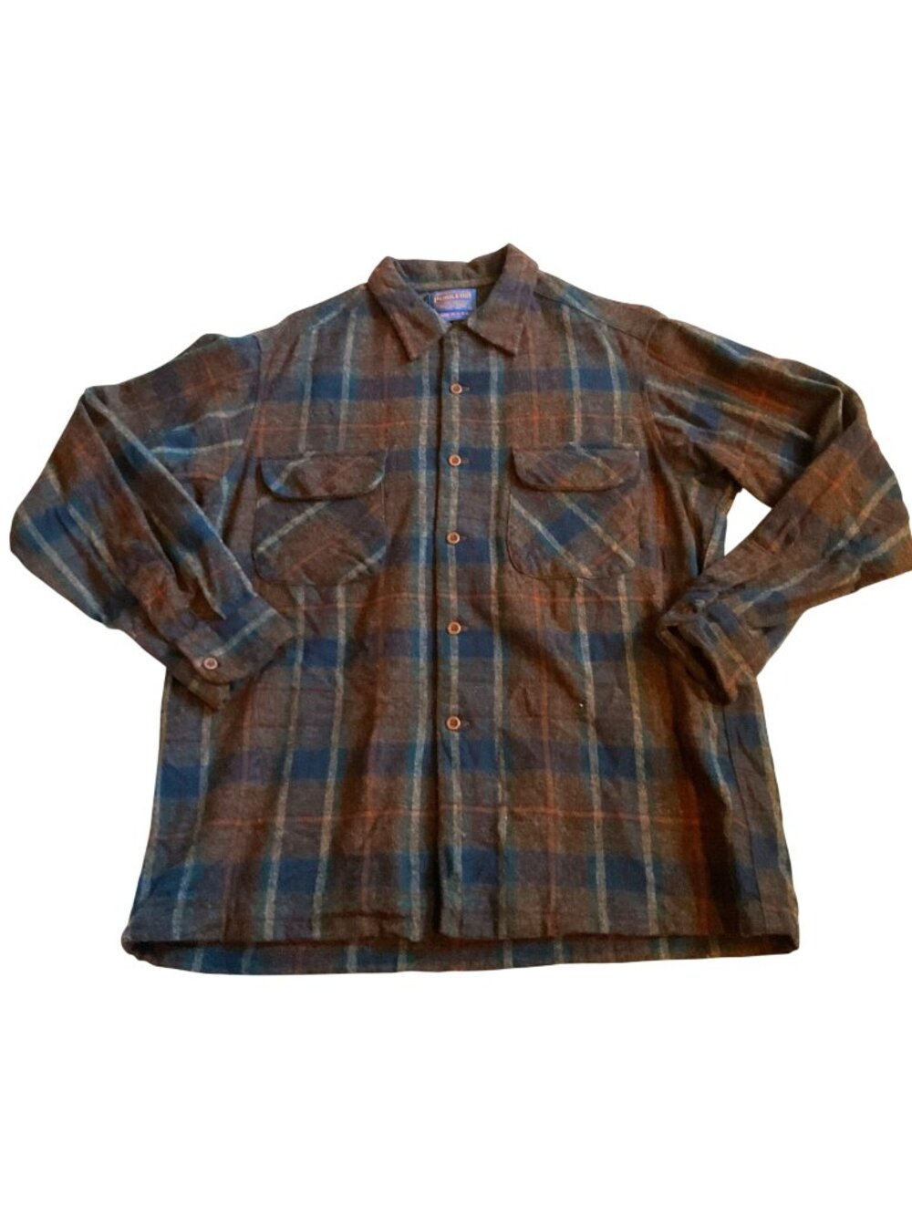 Vintage Pendleton Board Shirt Sz L USA Made Brown Blue Plaid Wool Button-Up Mens